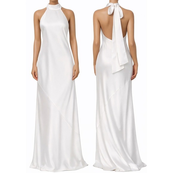 Show Me Your Mumu Lisa Maxi Dress Ivory Satin Halter Bridal Gown Size Small - Picture 3 of 10